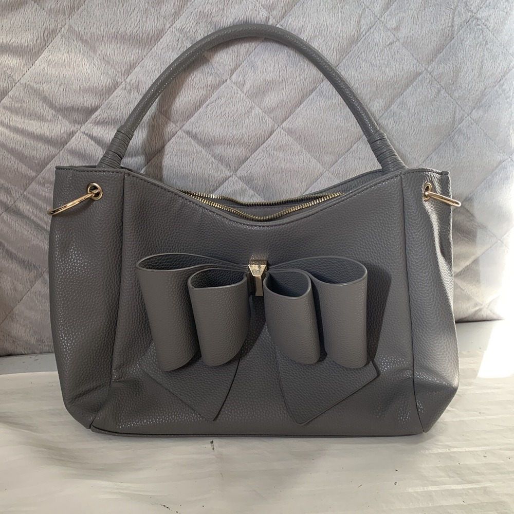 Grossi Jenna Purse Triple Compartment Bowtie Satchel Hand Bag‎ Warm Grey
